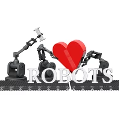 Foto auf Leinwand Robot op lopende band met rood hart - liefde voor techniek © emieldelange