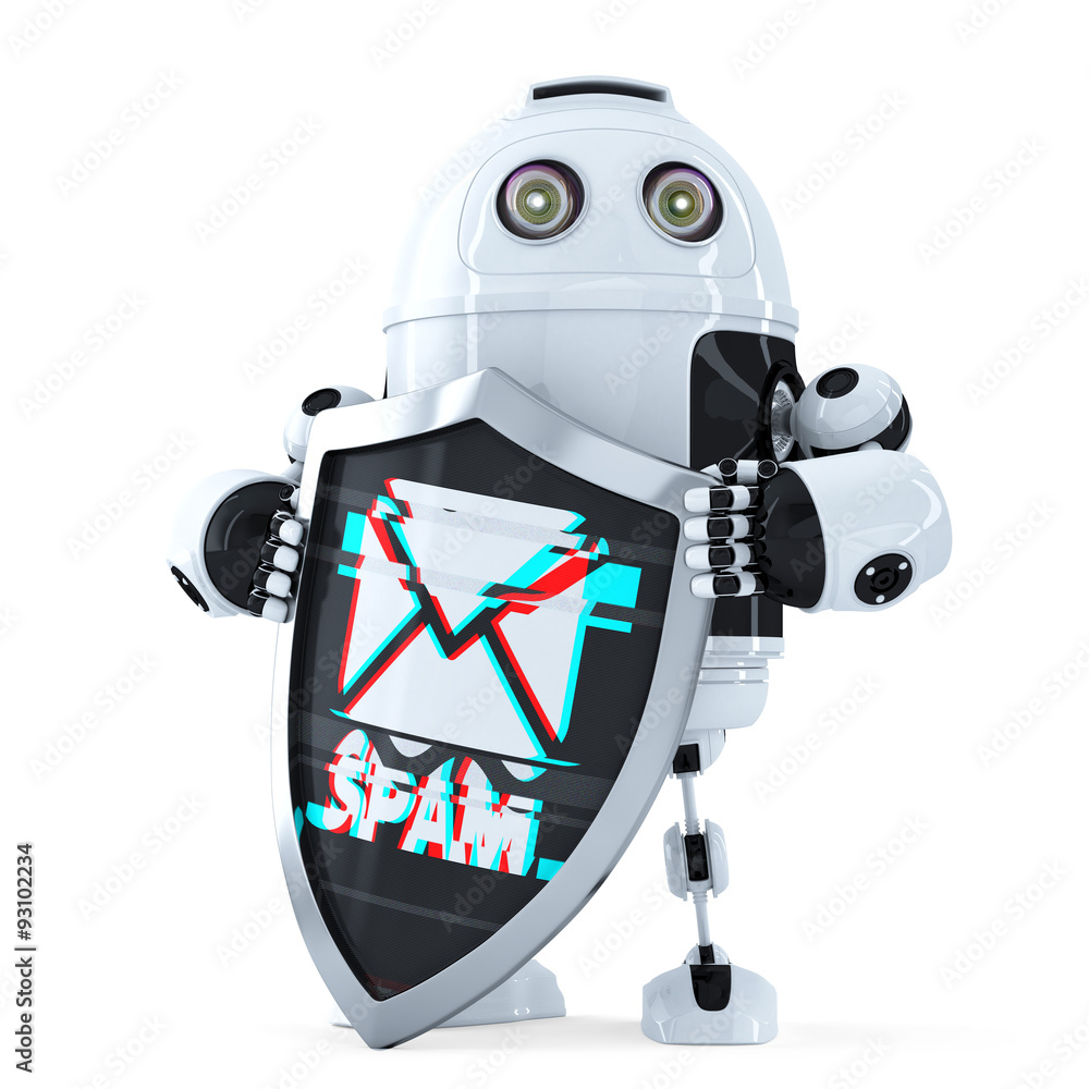 Poster robot with shield. spam protection concept. isolated. contains clipping path