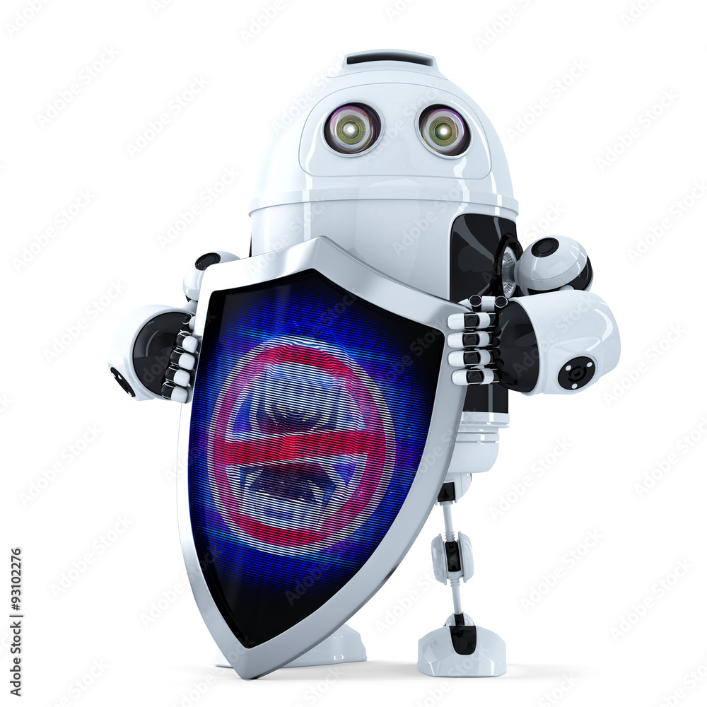 Poster robot with shield. virus protection concept. isolated. contains clipping path