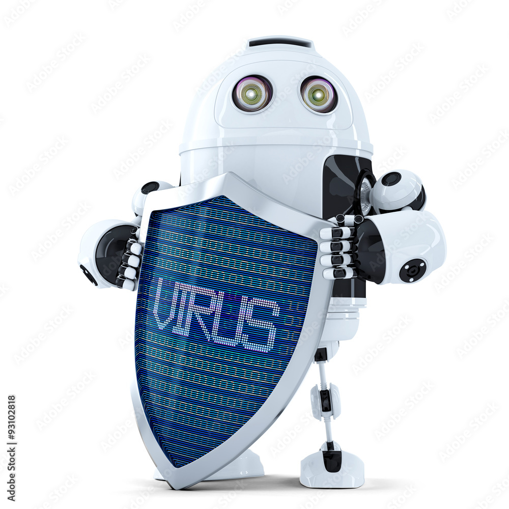 Poster robot with shield. virus protection concept. isolated. contains clipping path