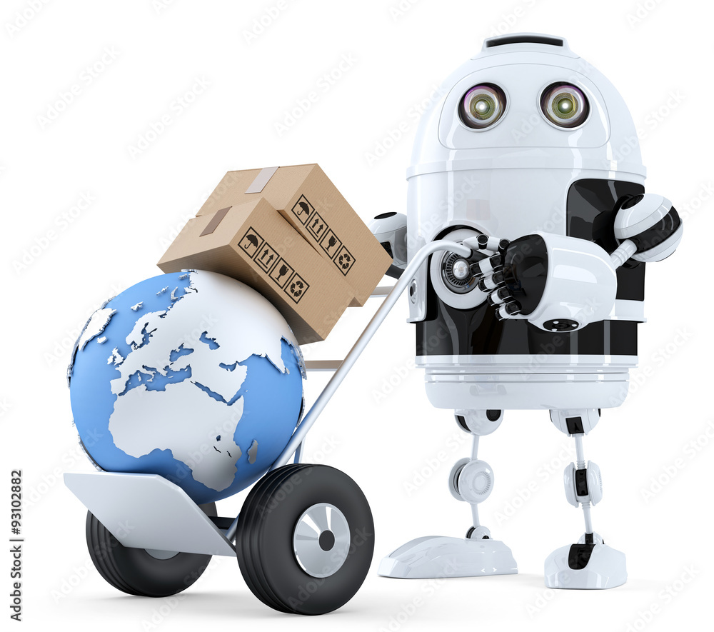 Poster robot pushing a hand truck with boxes. isolated. contains clipping path