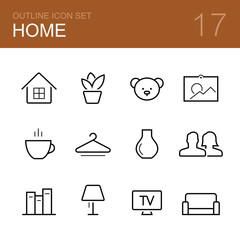 Home vector outline icon set - house, plant, toy, picture, coffee, hanger, vase, family, bookshelf, lamp, tv and sofa