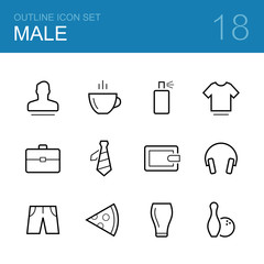 Male vector outline icon set - man, coffee, deodorant, t-shirt, briefcase, tie, wallet, headphones, shorts, pizza, glass and bowling