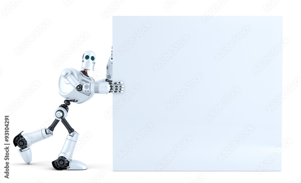 Poster robot pushing a big blank banner. isolated. contains clipping path