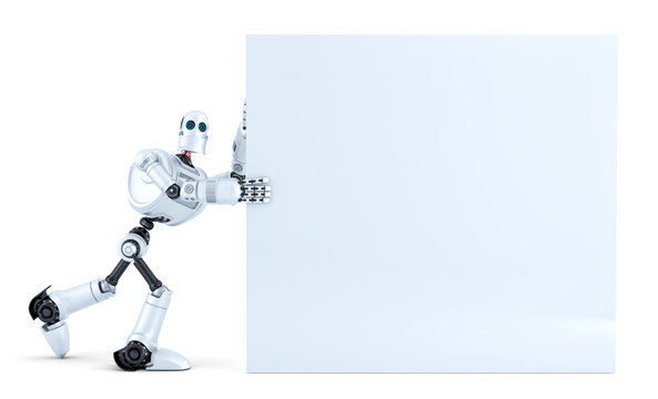 Robot pushing a big blank banner. Isolated. Contains clipping path