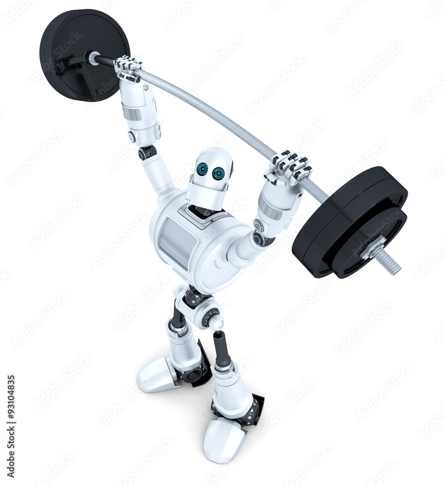 Poster robot with barbell. technology concept. isolated. contains clipping path.