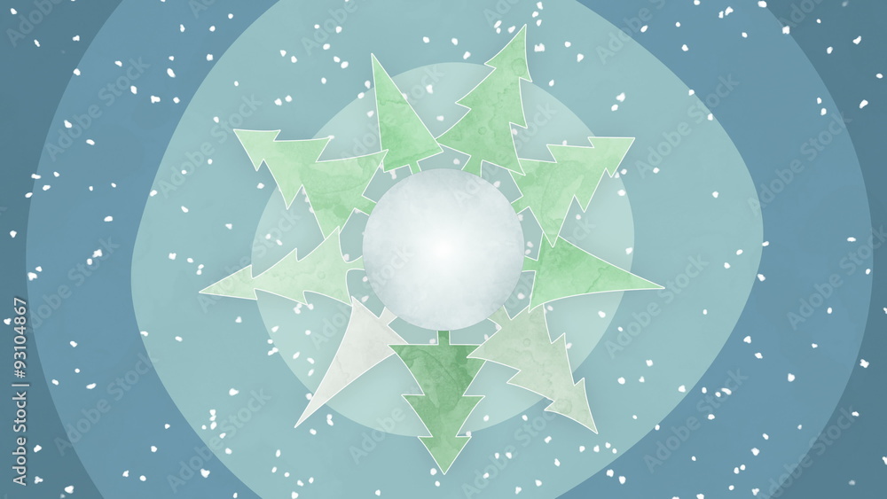 Poster drawn planet with fir trees and snowfall loop 4k (4096x2304)