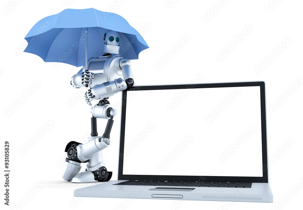 Poster robot with laptop under umbrella. digital protection concept. isolated. contains clipping path