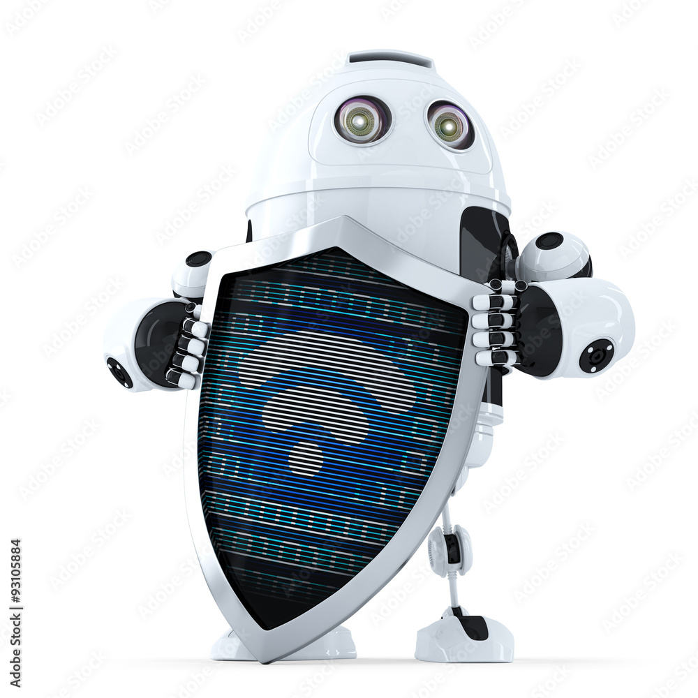 Aufkleber robot with shield and wifi symbol on it. internet security concept. isolated. contains clipping path