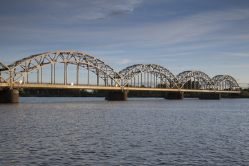 Fototapeta na wymiar Railway Bridge and Banks of River Daugava, Riga