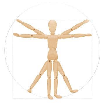 Vitruvian mannequin - sacred geometry in graphic art and anatomical proportions represented by a wooden lay figure. Illustration over white background.