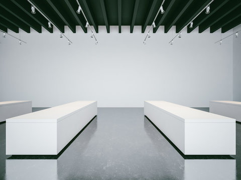 View on the open space gallery with black ceiling. 3d render