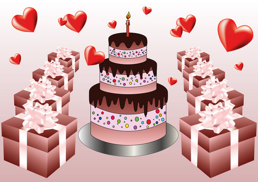 birthday card. celebration with birthday cake, gift boxes and red hearts