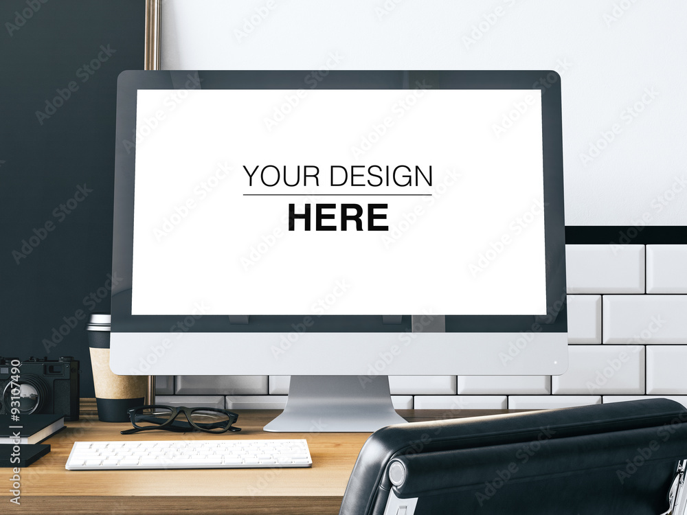 Poster generic computer in the moder interior. 3d rendering