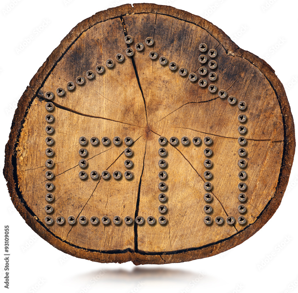 Poster house symbol - screws on tree trunk / many screws in the shape of house on a section of tree trunk i