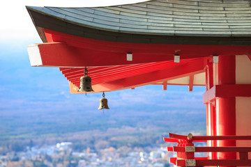 Japanese Pagoda roof and landscape from chureito pagada at Kawag