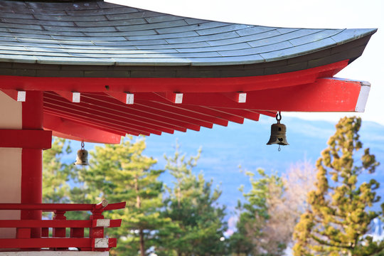 Japanese Pagoda Roof And Landscape From Chureito Pagada At Kawag