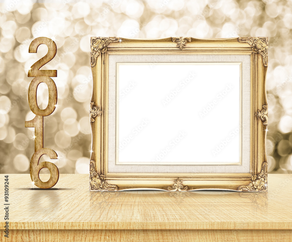 Poster golden vintage frame with 2016 year wood texture with sparkling
