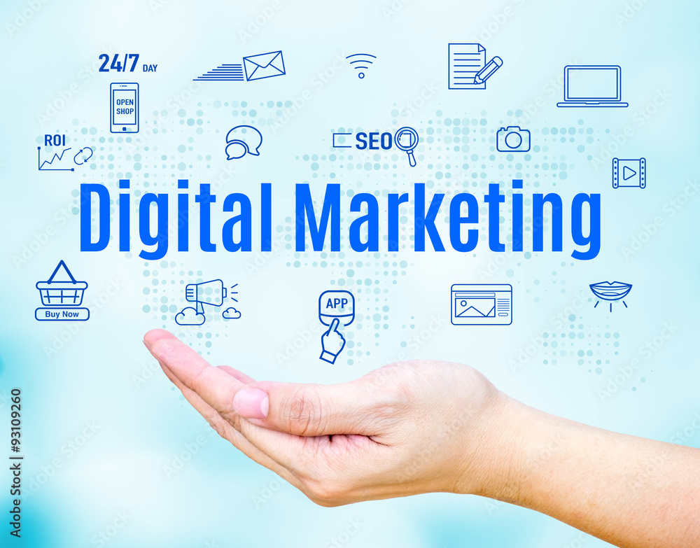 Aufkleber open hand with digital marketing word and feature icon,internet