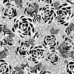 Doodle flowers seamless pattern. Zentangle black and white background.