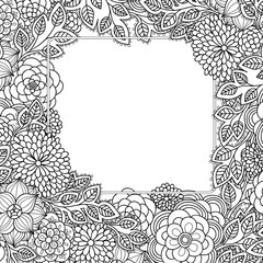 Floral hand drawn zentangle frame. Doodle flowers decorative border.