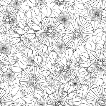 Doodle flowers seamless pattern. Zentangle black and white background.