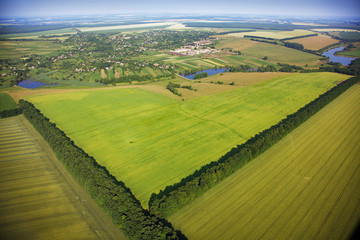 Aerial view of colza fields near the village