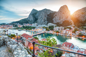 Old coastal town Omis in Croatia at night