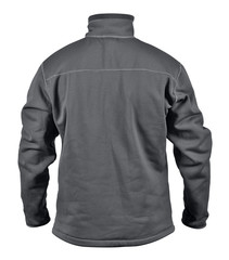 Rear view of black male sport jacket with breast pocket on zippe