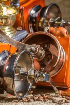 Manual coffee grinders in close up
