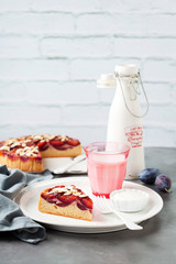 Homemade upside down plum cake of rye flour, selective focus