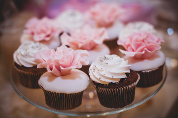 Colorful sweet cupcakes on plate .