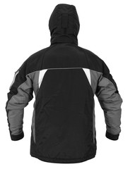 Back view of black male sport jacket with hood isolated on white