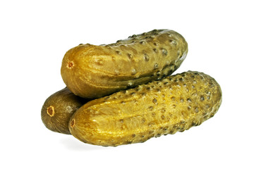 Pickled cucumbers on white background