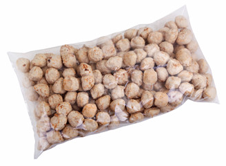 Pack with ready-to-cook meat bolls isolated on white background