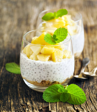 Chia Seed Pudding With Caramelized Apple And Crushed Grain Cookies