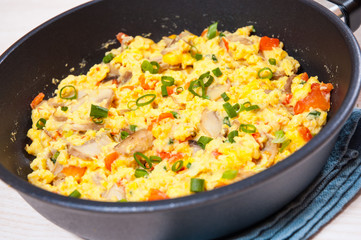 scrambled eggs with mushrooms and vegetables in a frying pan
