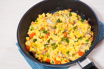 scrambled eggs with mushrooms and vegetables in a frying pan