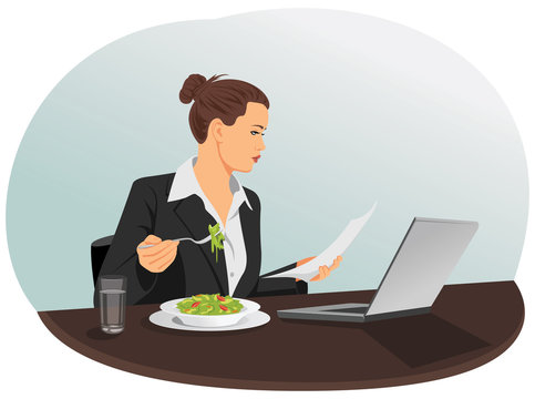 Businesswoman working with laptop and document during lunch. Healthy food.