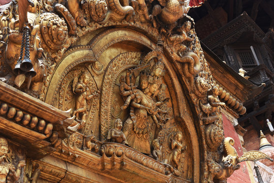 closed up the hindu carved in temple, Nepal