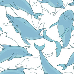 Naklejka premium Seamless background with dolphins. Vector illustration.