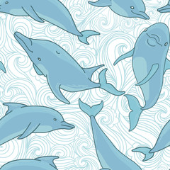 Seamless background with dolphins and waves. Vector illustration.
