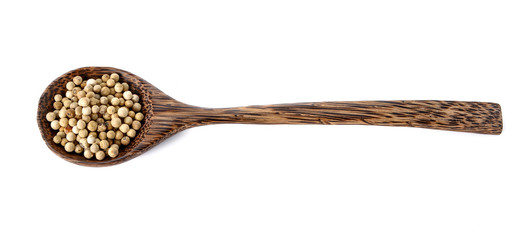 Grain white pepper on white background.