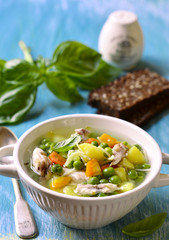 Vegetable soup with chicken and vermicelli.