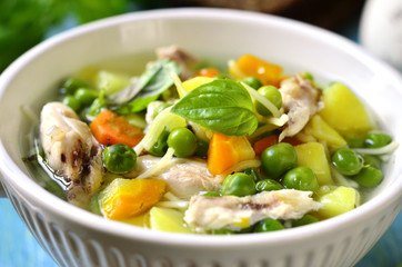 Vegetable soup with chicken and vermicelli.