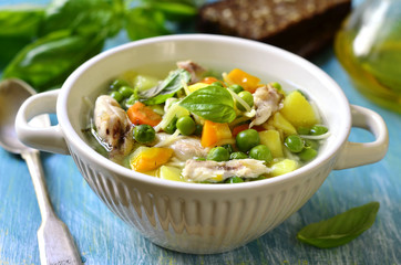 Vegetable soup with chicken and vermicelli.