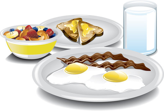 Illustration of a complete breakfast with fried eggs, bacon, a fruit bowl, buttered toast and a glass of milk.