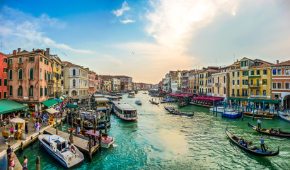 Panoramic view of famous Canal Grande from famous Rialto Bridge in Venice, Italy