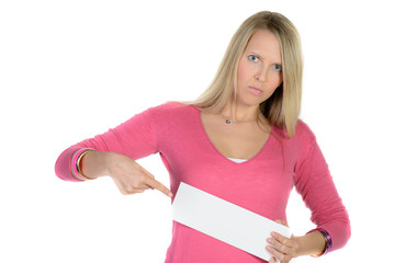 beautiful blond woman holding a blank ad