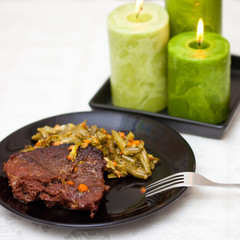 Candlelight dinner. Meat steamed 